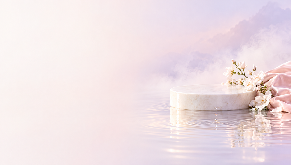 Pearl stone podium in still water with blush silk and soft mist